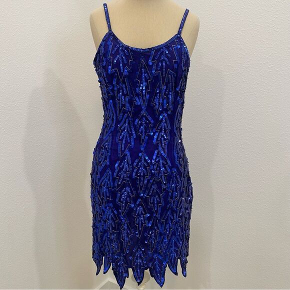 Dresses & Skirts - Vintage 80s Blue Silk Sequin Dress Beaded Geo Mini Party Cocktail Sz Medium